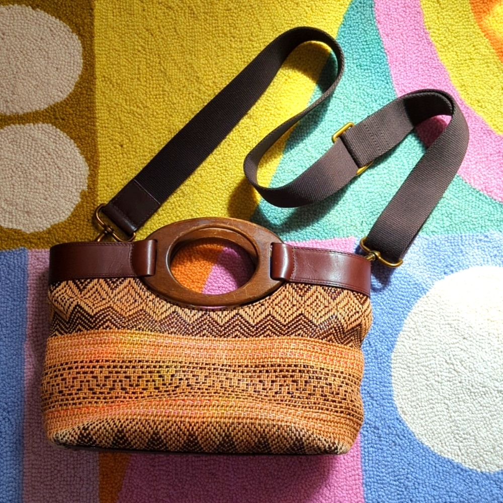 Fossil Woven Tote Bag with Wooden Handle and Fossil Strap
